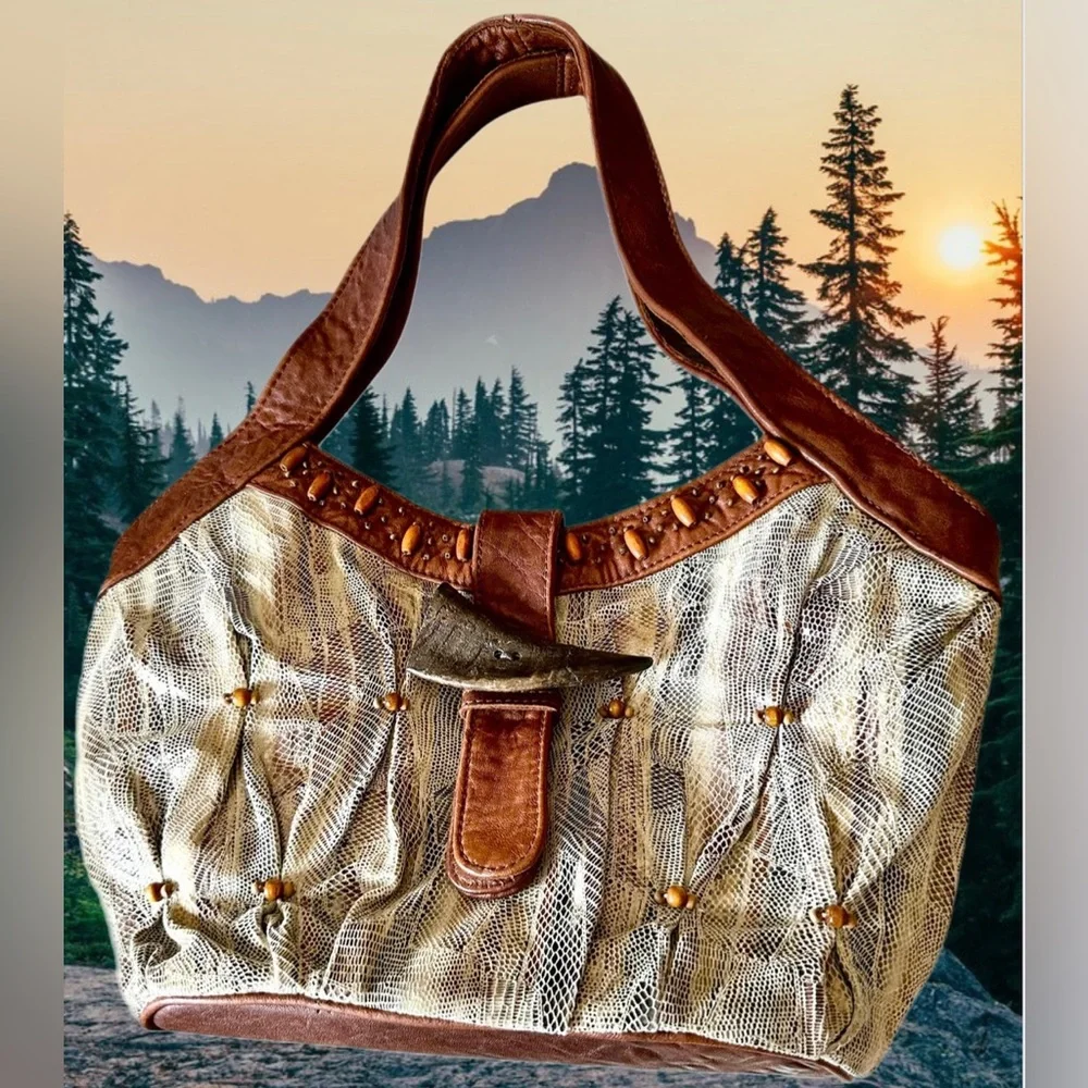 Mary Frances snakeskin print with brown trim & embellishments shoulder bag